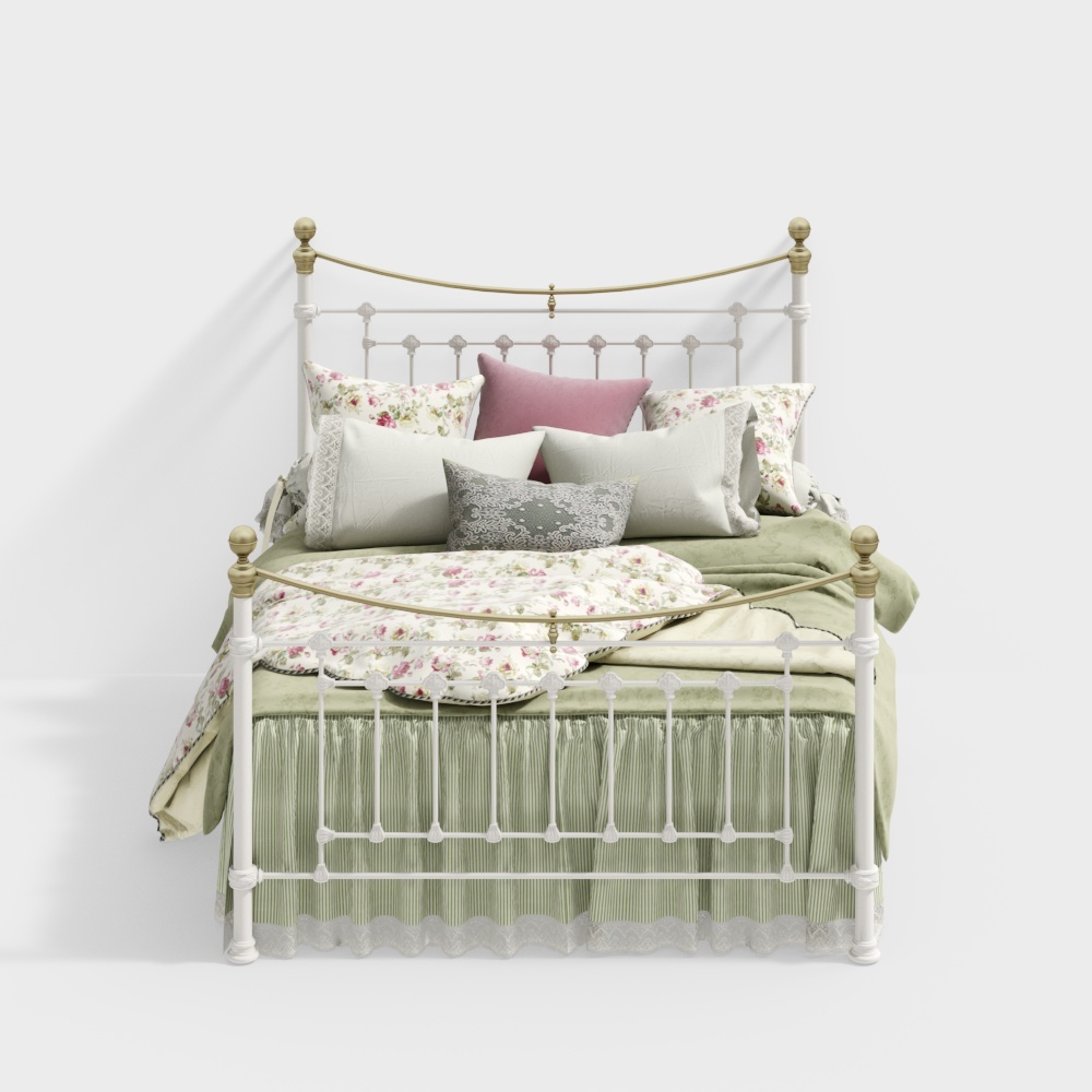 Elegant Iron Bed 3D Model – White & Gold Vintage Style
