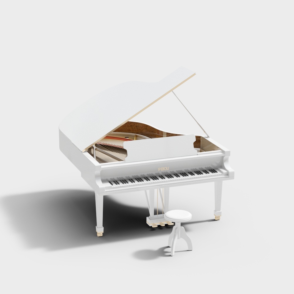 White grand piano with open lid and white stool on grey background