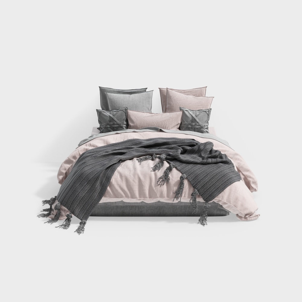 Elegant Low-Poly Bed 3D Model – Gray & Pink Fabric