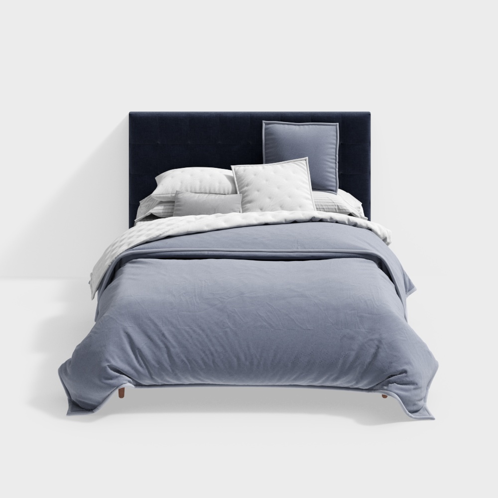 Elegant Modern Bed 3D Model – Navy Blue Bedroom Furniture