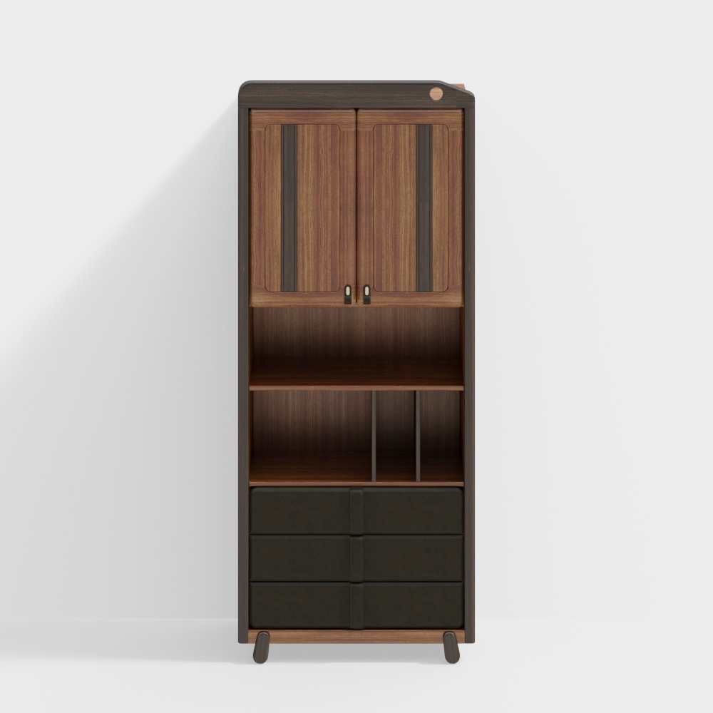 Modern tall wooden cabinet with doors shelves drawers and black legs on white background