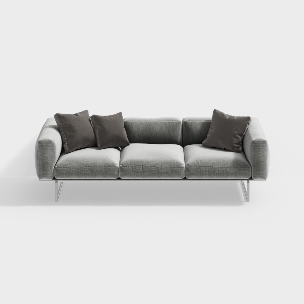 Modern Minimalist Sofa 3D Model – Gray Fabric with Metal Legs