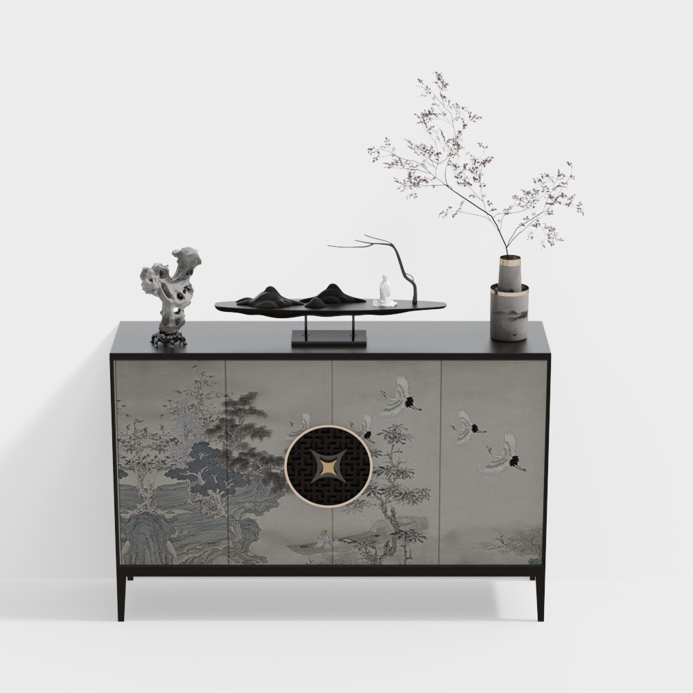 Modern grey cabinet with crane painting and round handle on white background