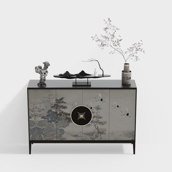Modern grey cabinet with crane painting and round handle on white background