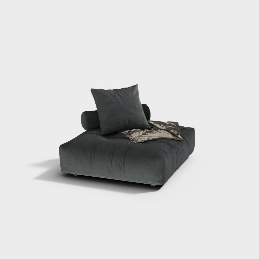 Modern dark grey fabric floor sofa with cushion and throw blanket on white background