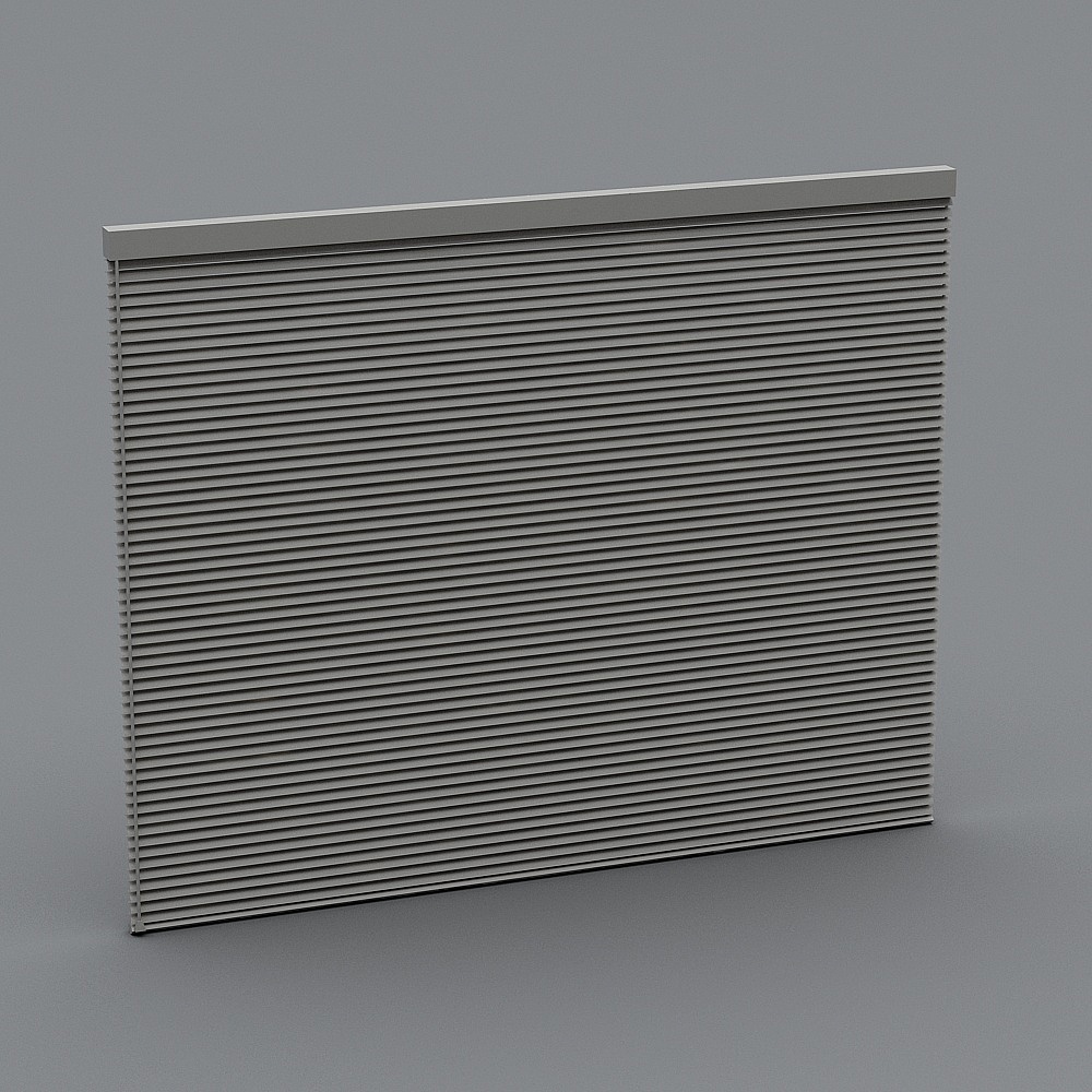 Modern grey horizontal window blinds with thin slats and top rail on grey background