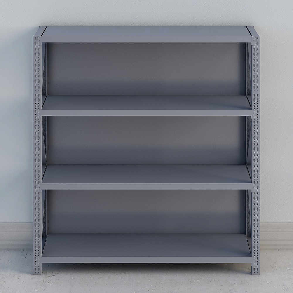 Industrial grey metal shelving unit with four shelves and adjustable uprights on white background