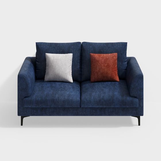 Modern blue velvet two seat sofa with grey and rust cushions on white background