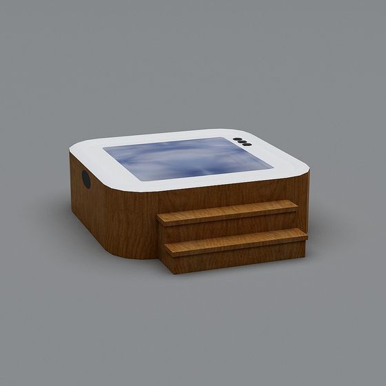Modern square indoor wooden swimming pool with white rim and steps on grey background