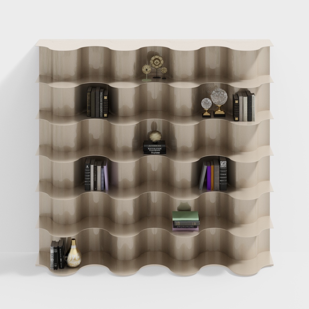 Elegant Wave-Shape Bookshelf 3D Model – Beige Wood