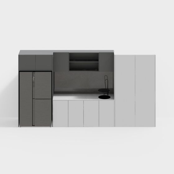 Modern grey and white kitchen unit with sink and fridge on white background