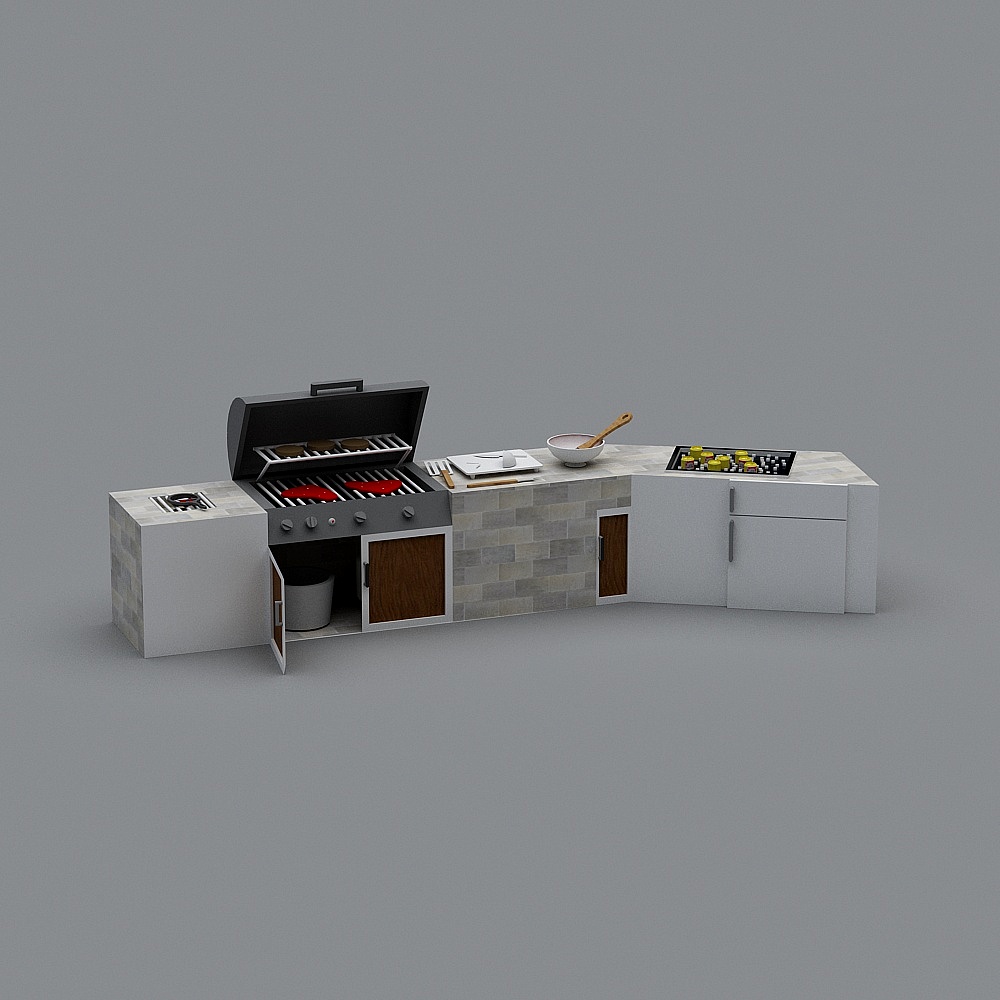 Modern outdoor kitchen island with grill and sink on grey background