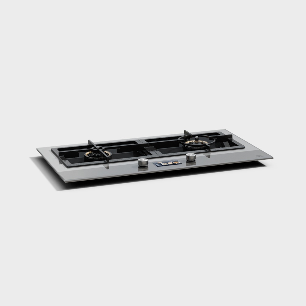 Modern grey glass cooktop with two burners and silver knobs on white background