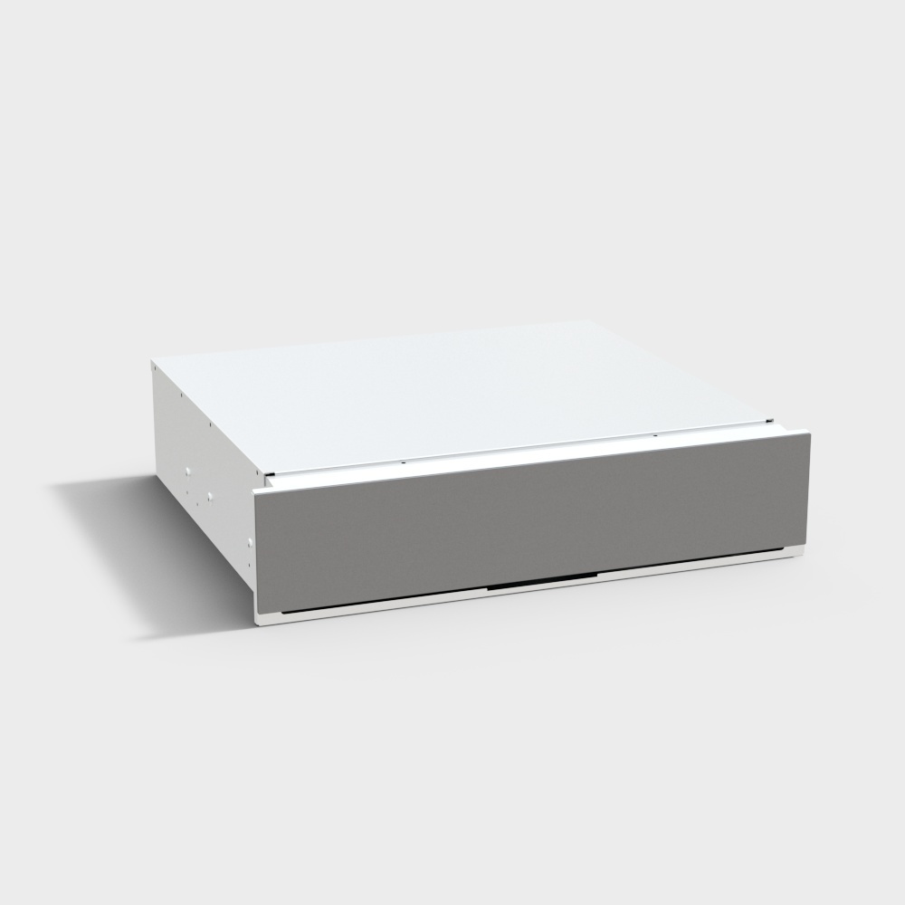 Modern white bed frame with grey drawer and flat top panel on light grey background