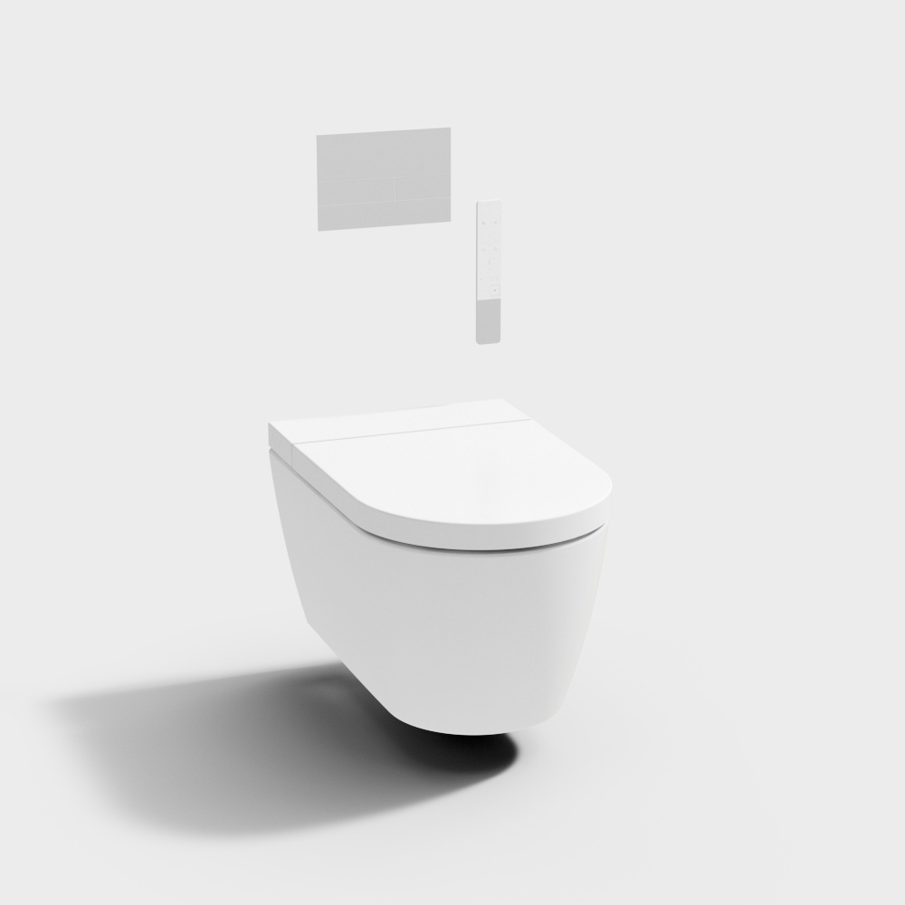 Modern white ceramic wall mounted toilet with flush plate on grey background