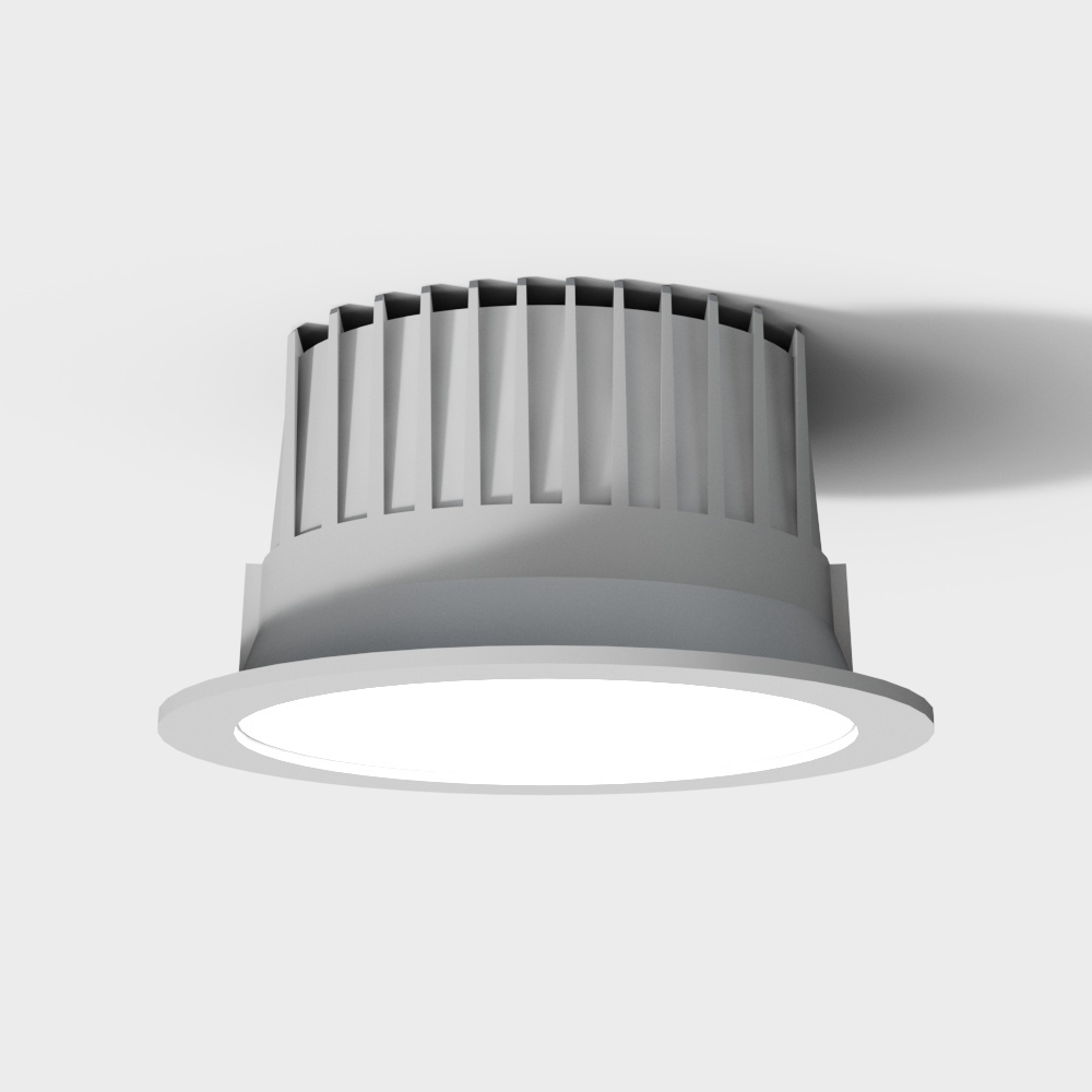 White ceiling light fixture with round shape and vertical lines on white background