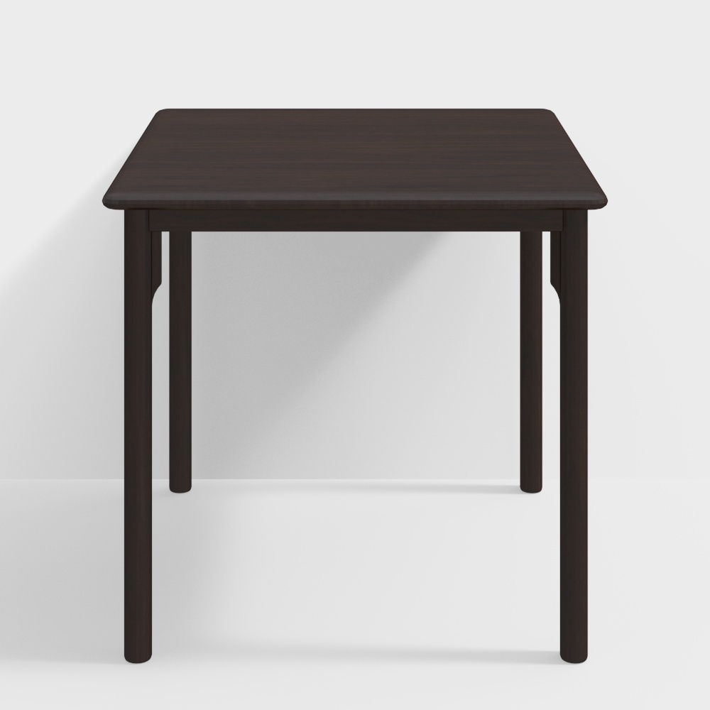 Modern square dark brown wooden table with four legs on white background