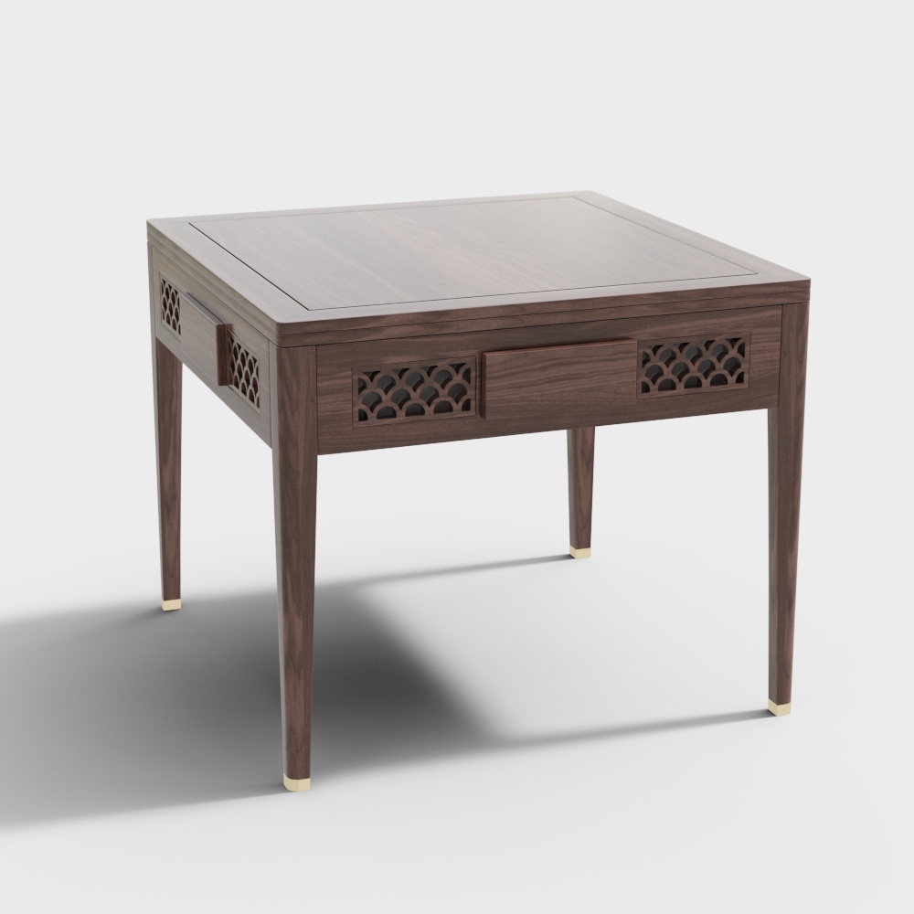 Dark brown wooden square side table with drawers and gold feet on white background