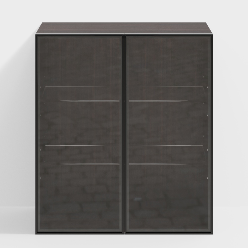 Modern tall dark wood cabinet with glass doors and shelves on white background