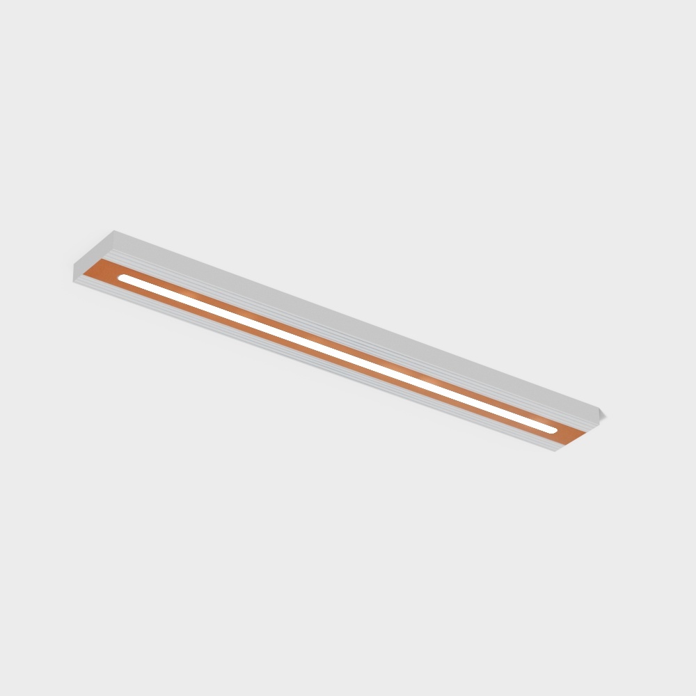 Modern long white ceiling light with copper panel and bright strip on grey background