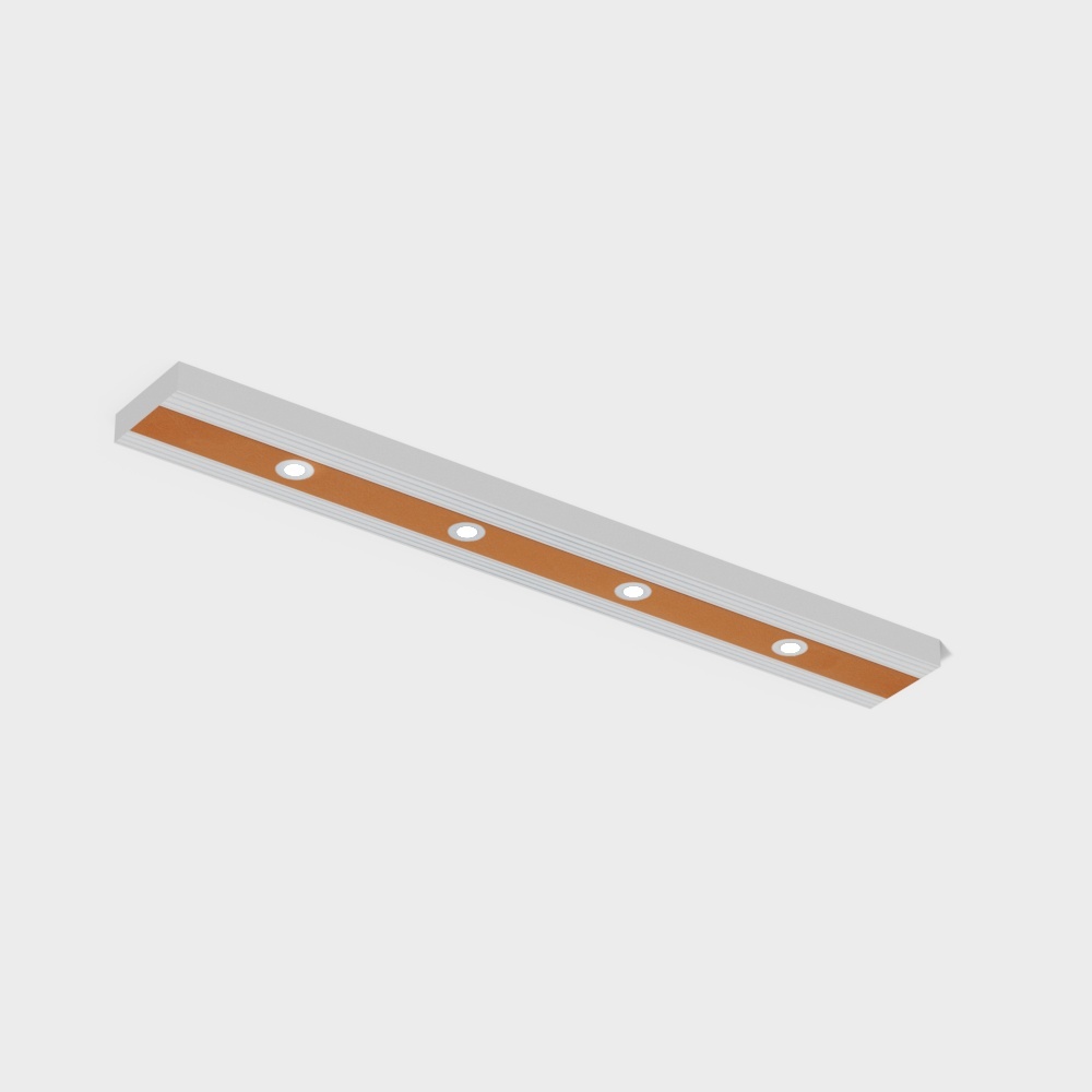Modern linear ceiling light with white frame and brown panel featuring four round bulbs on grey background