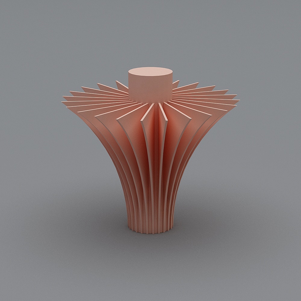 Modern pink decorative vase with flared ribbed sides and flat top on grey background