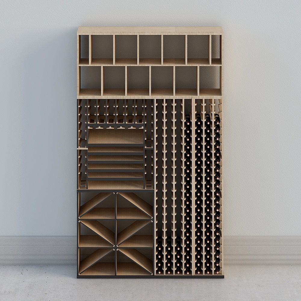 Large light wood wine cabinet with glass shelves and metal racks on white background
