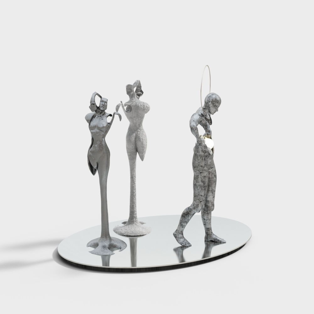 Modern silver metal abstract human figure sculpture set on round mirror base on white background