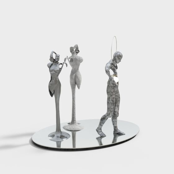 Modern silver metal abstract human figure sculpture set on round mirror base on white background