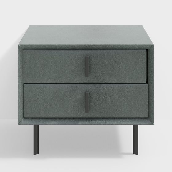 Modern green nightstand with two drawers and black metal legs on white background