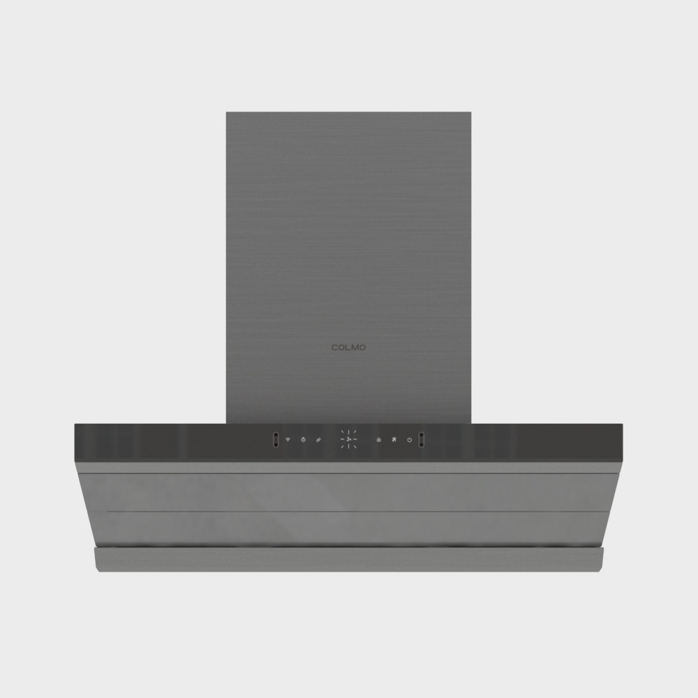 Modern grey metal kitchen range hood with digital touch control panel on white background