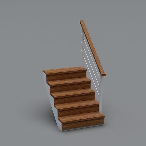 Modern wooden staircase with white railing and handrail on grey background