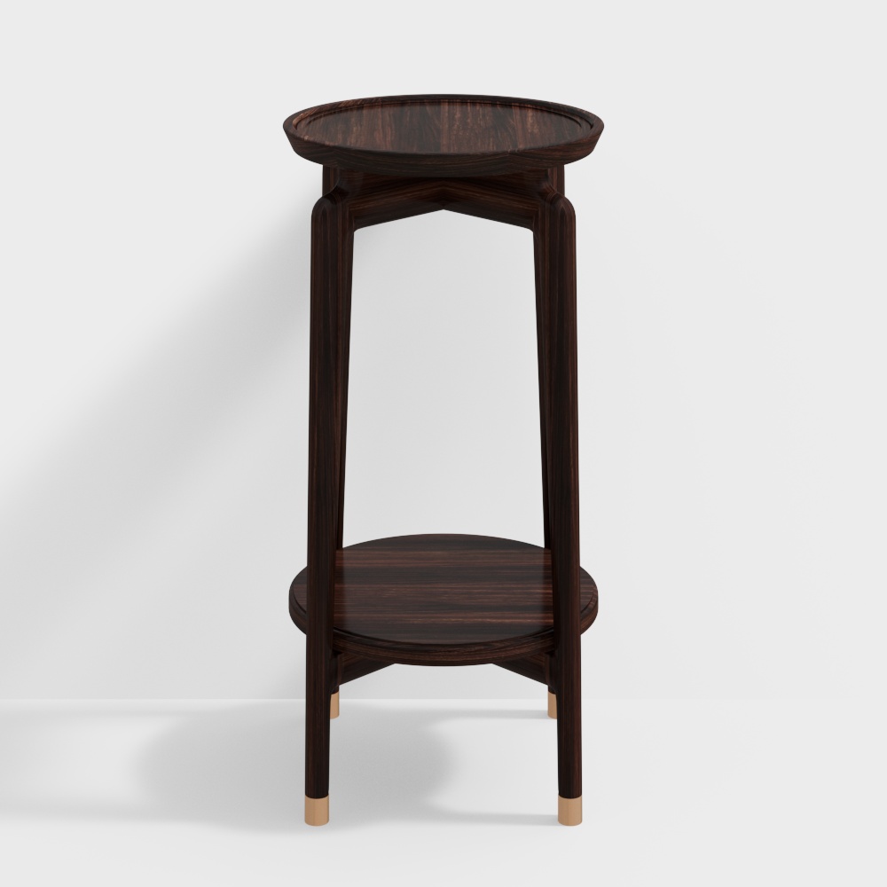 Modern dark brown wooden side table with round top and gold feet on white background