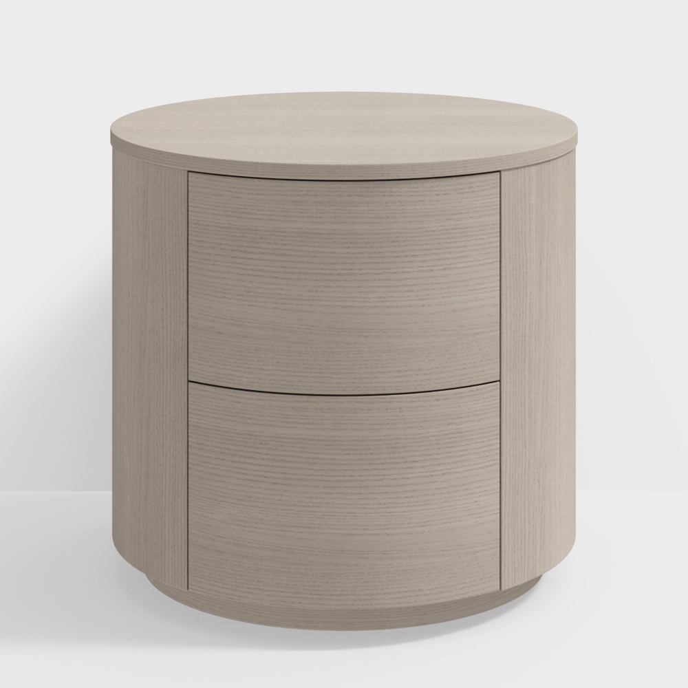 Round light wood bedside table with two drawers and smooth curved sides on white background