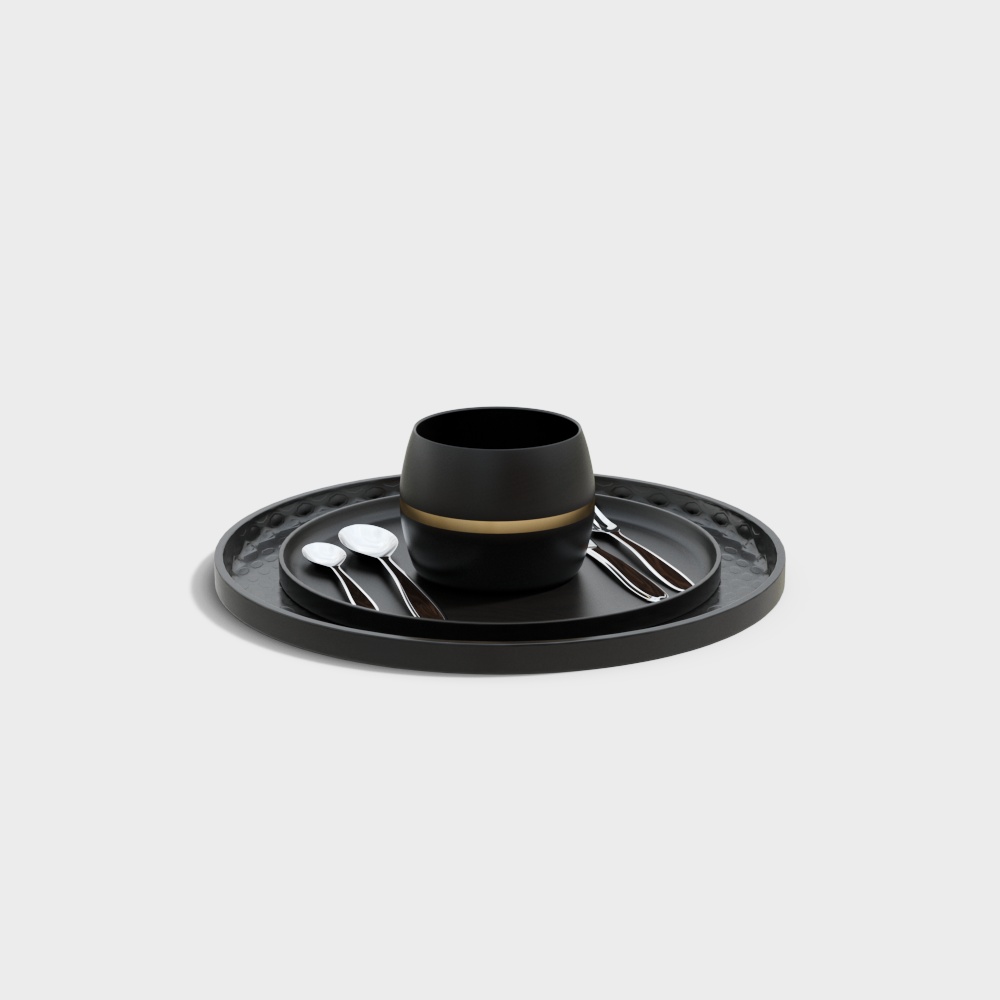 Elegant Tea Set 3D Model – Black Ceramic & Gold Accents