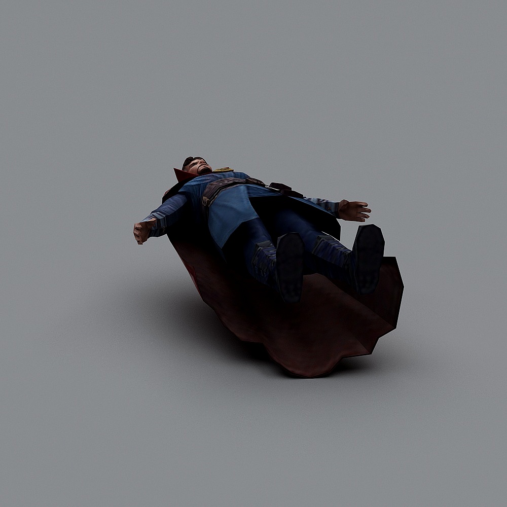 Male superhero in blue robe and red cape lying on grey background