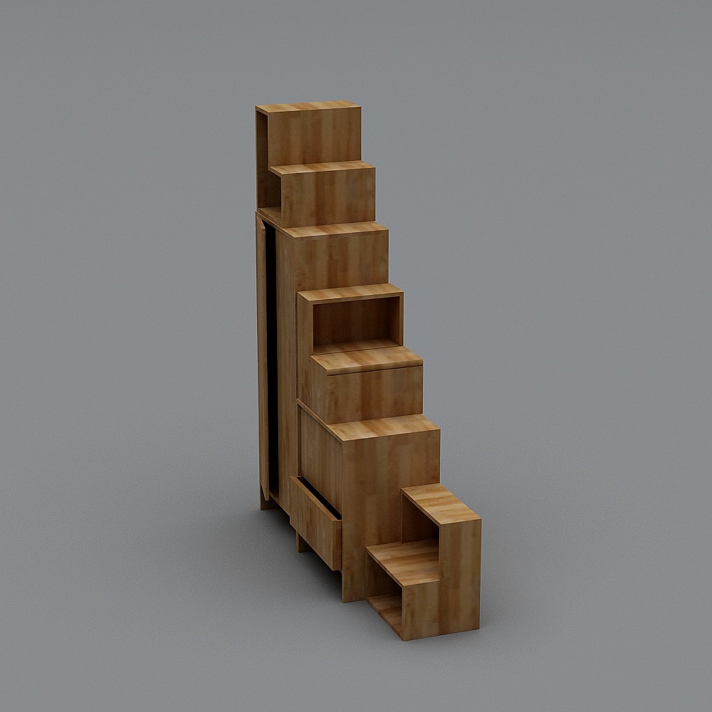 Light wood staircase storage unit with open shelves and drawers on grey background
