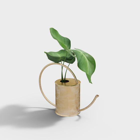 Elegant Golden Watering Can 3D model with Green Plants