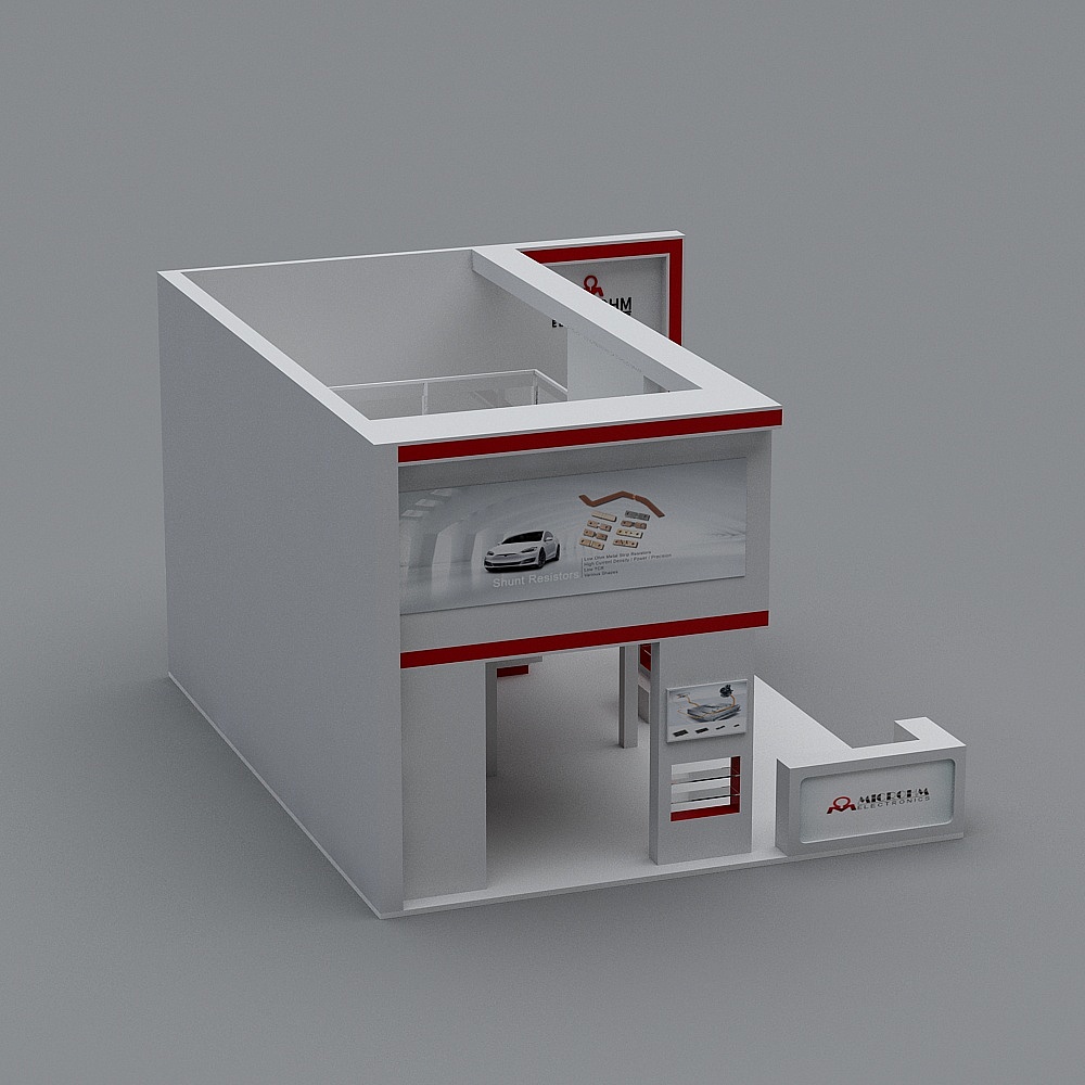Modern white and red trade show booth with glass panels and logo on grey background