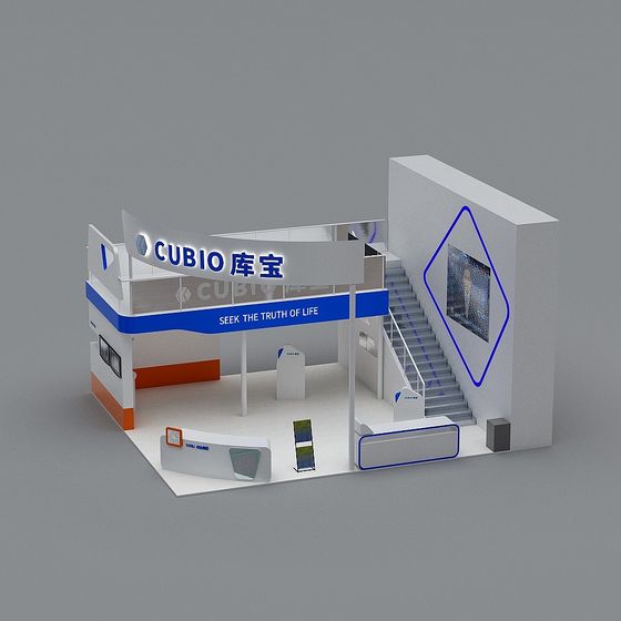 Modern white and blue two story exhibition booth with stairs on grey background