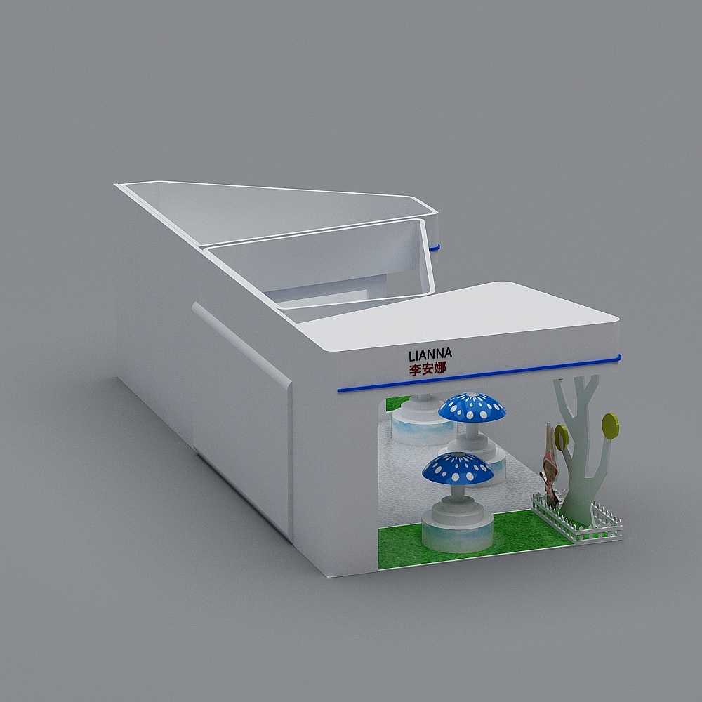 White retail counter with blue mushroom display and Lianna logo on grey background