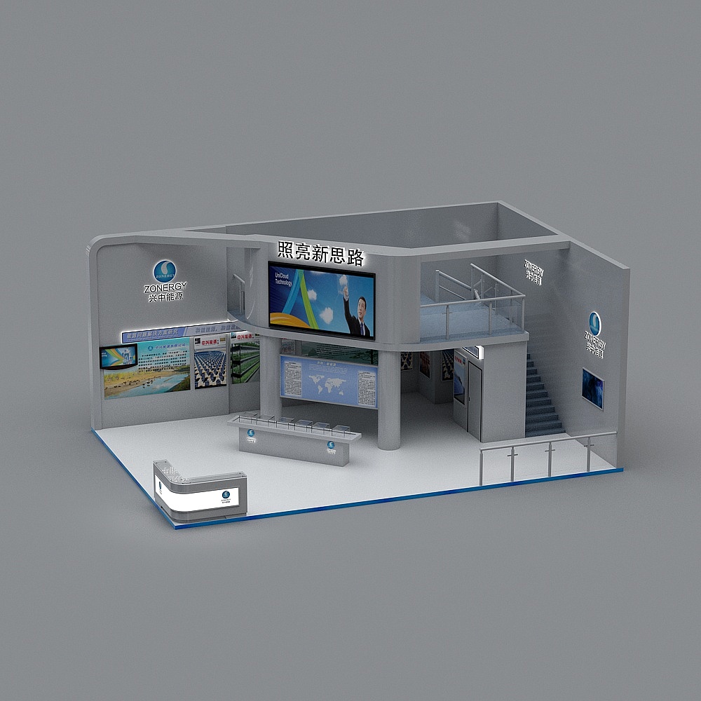 Modern two story exhibition booth with screens and stairs on grey background