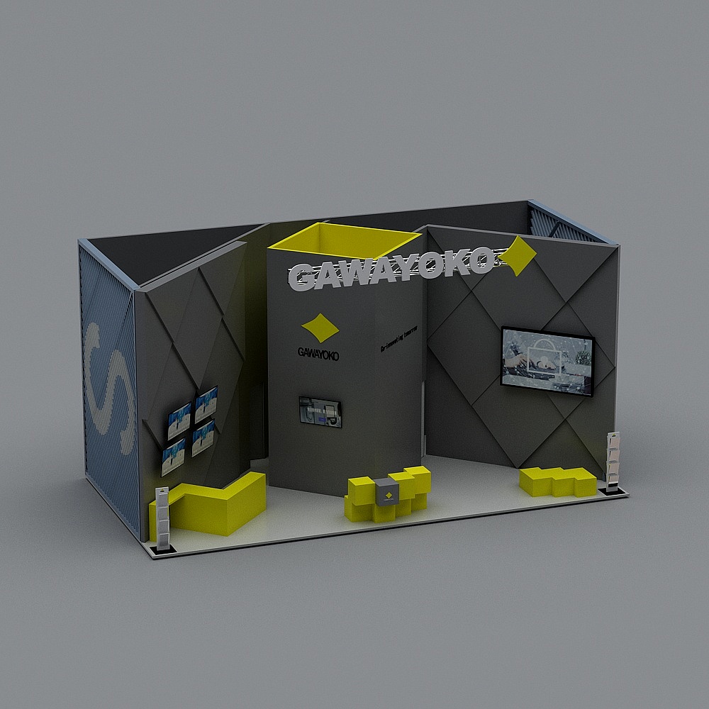 Modern grey and yellow exhibition booth with geometric walls on grey background