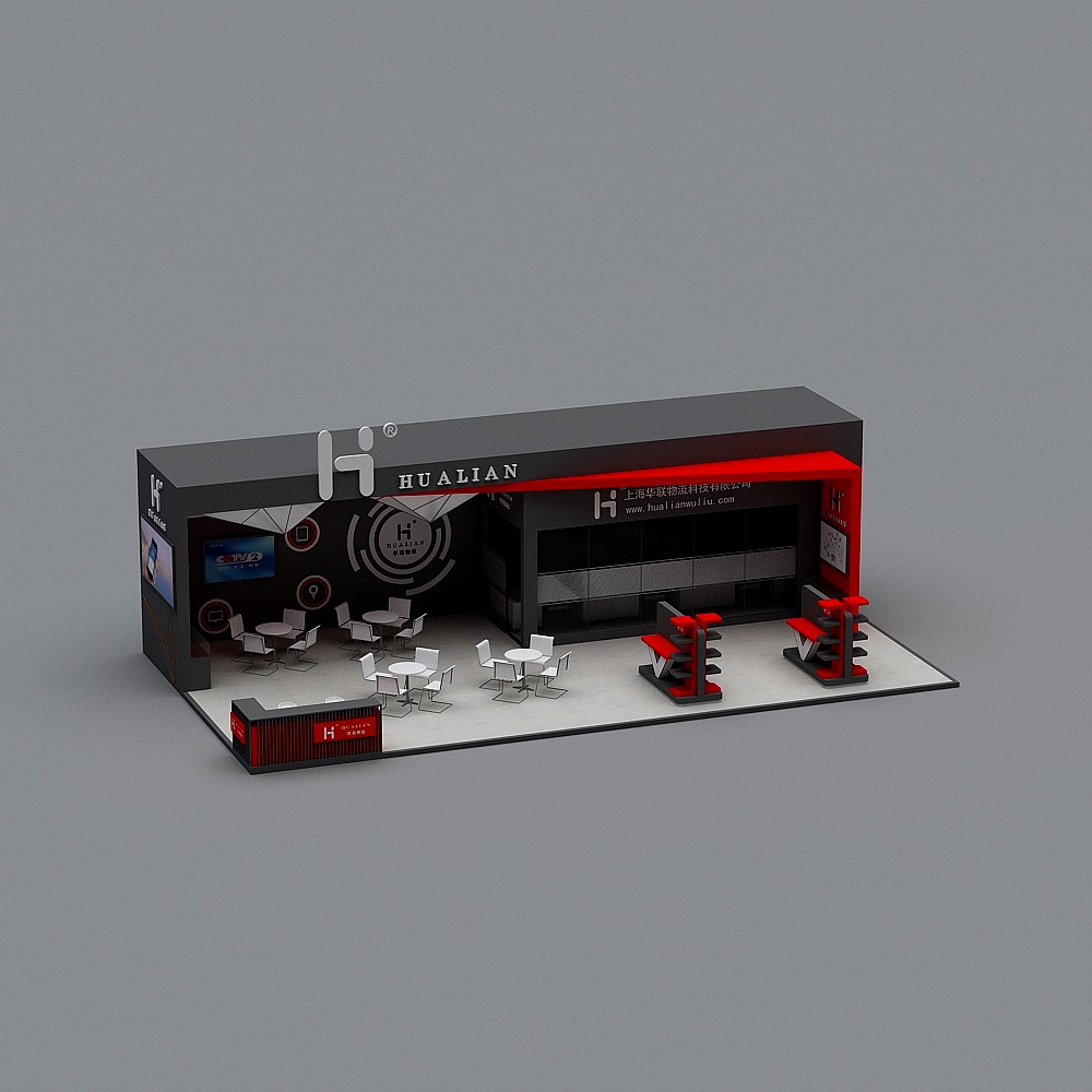 Modern black and red trade show booth with white tables on grey background