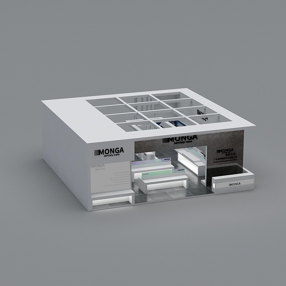 White and grey trade show booth with display counters and brand logos on grey background