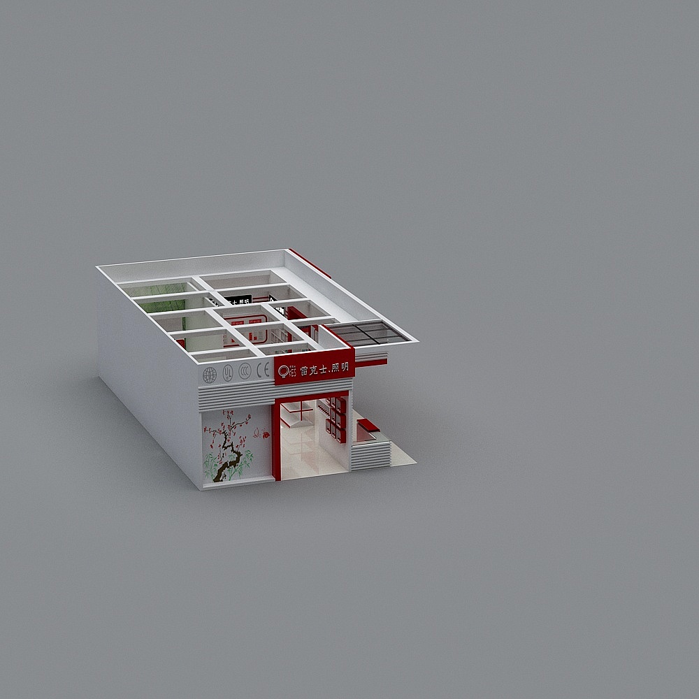 White model shop interior with red sign and ceiling grid on grey background