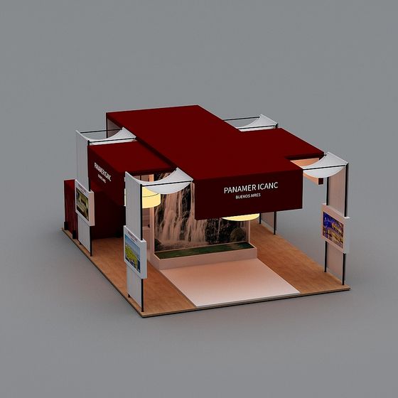 Red exhibition booth with waterfall mural and wood floor on grey background