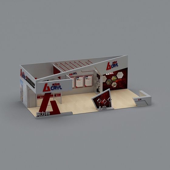 Modern white and red trade show booth with display screens on grey background