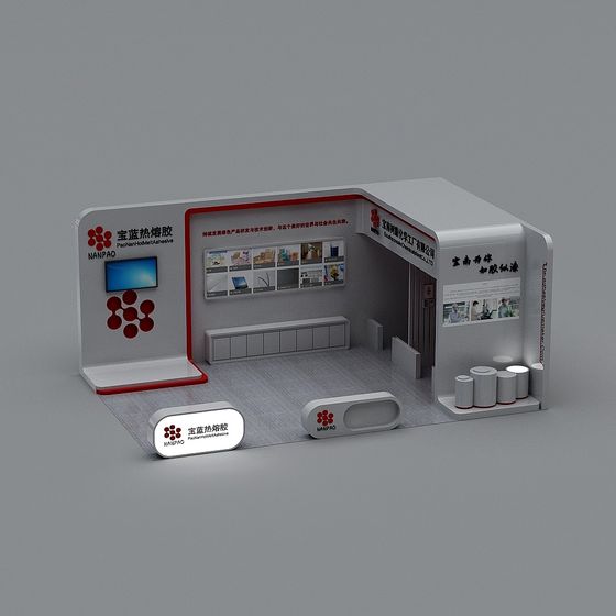 Modern white and red trade show booth with display screens on grey background