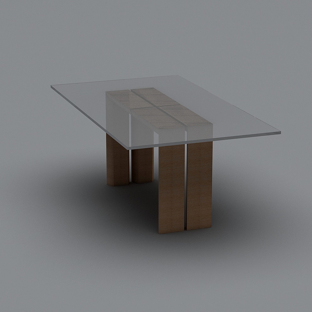 Modern rectangular glass dining table with two brown wood legs on grey background